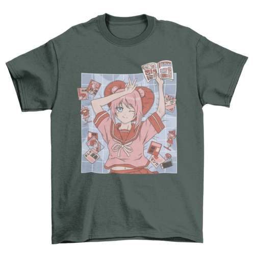 Anime girl with comic books t-shirt