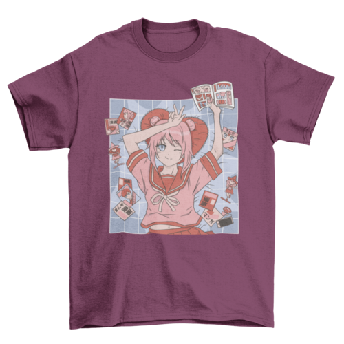 Anime girl with comic books t-shirt