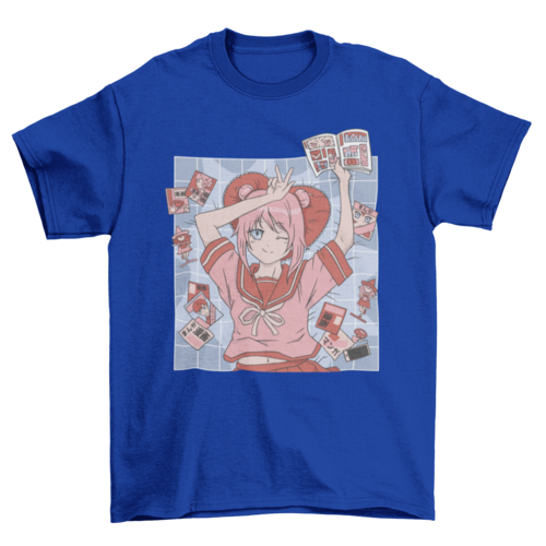 Anime girl with comic books t-shirt