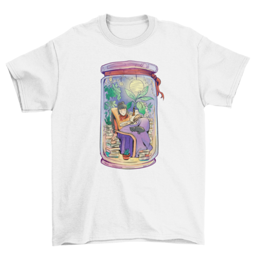 Girl in jar reading books with cat aesthetic t-shirt