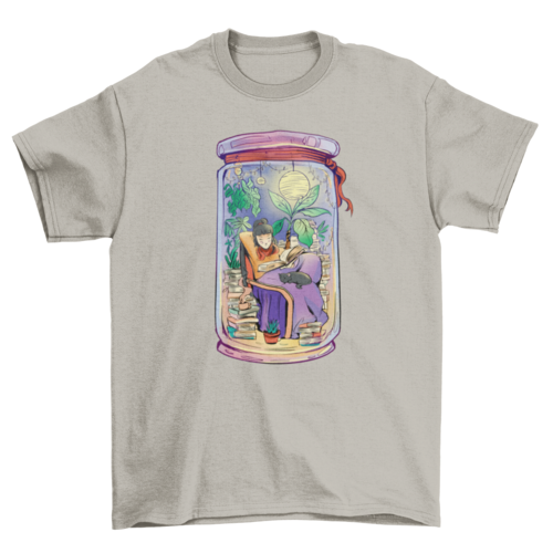 Girl in jar reading books with cat aesthetic t-shirt