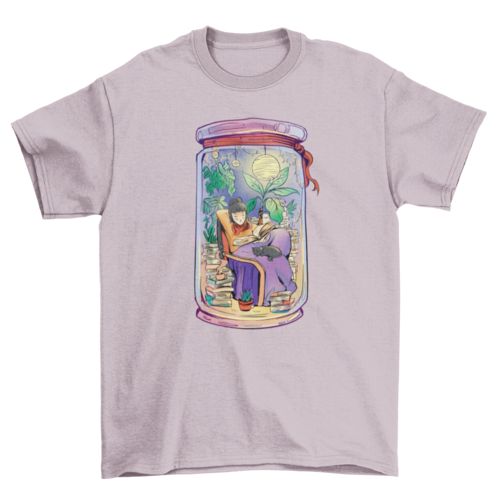 Girl in jar reading books with cat aesthetic t-shirt