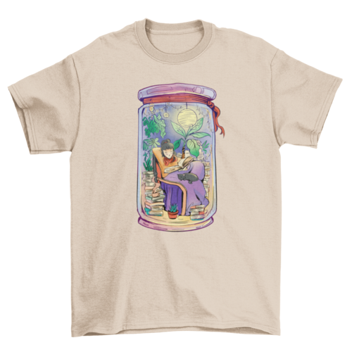 Girl in jar reading books with cat aesthetic t-shirt