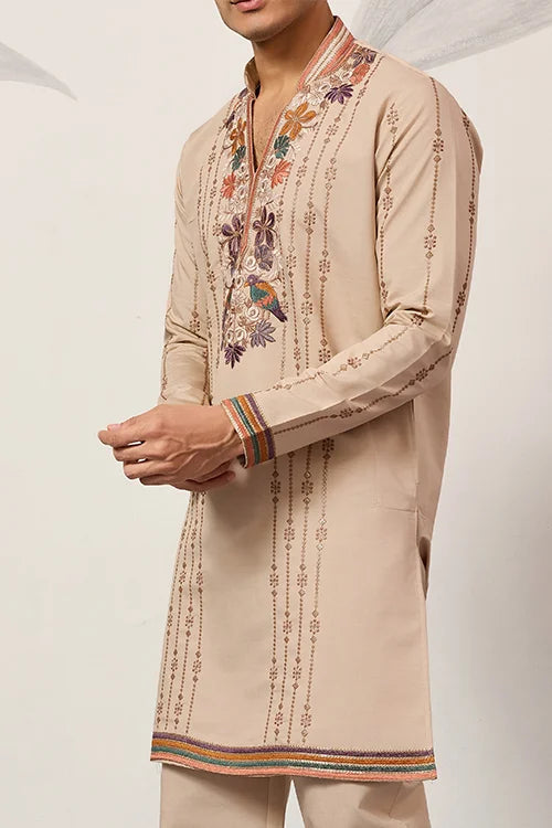 Premium Beige Embroidered V Neck Kurta Pant Set