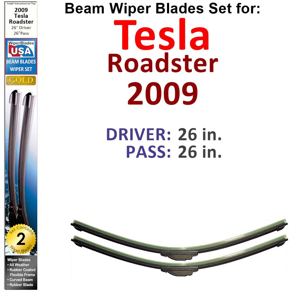 Beam Wiper Blades for 2009 Tesla Roadster (Set of 2)