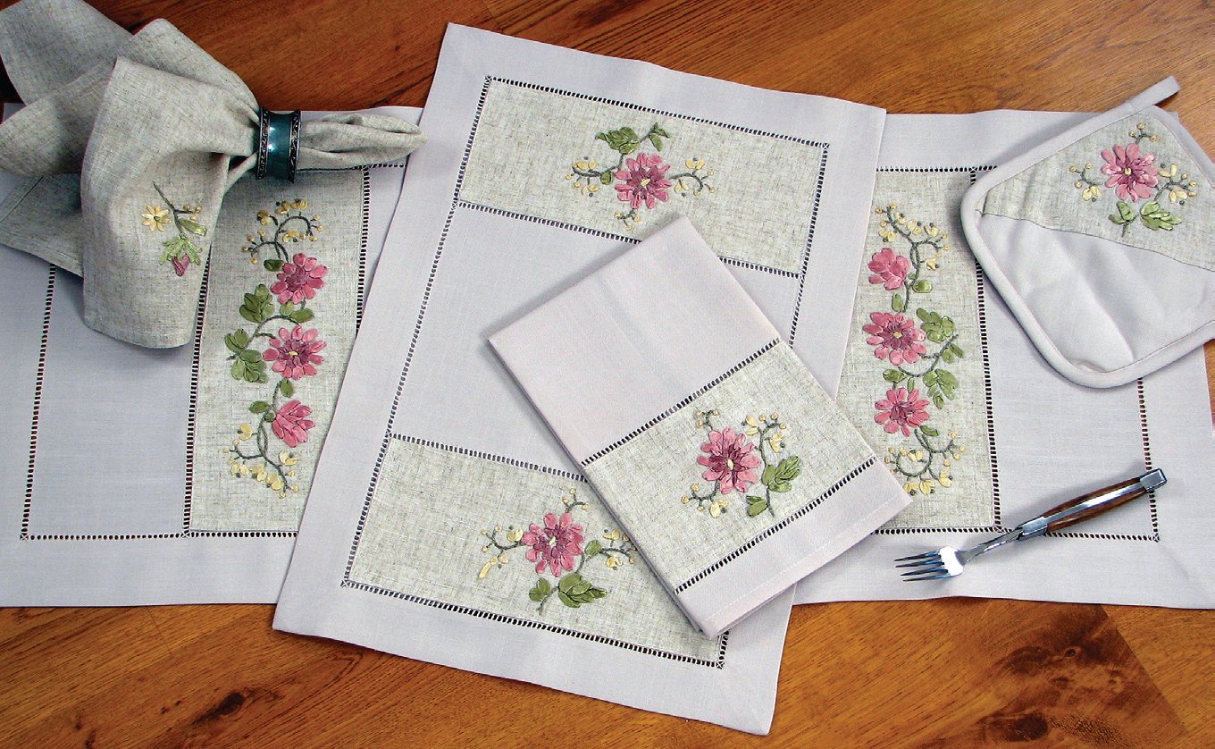 Xia Home Fashions Ribbon Flower Linen Table Runner Embroidered Cutwork
