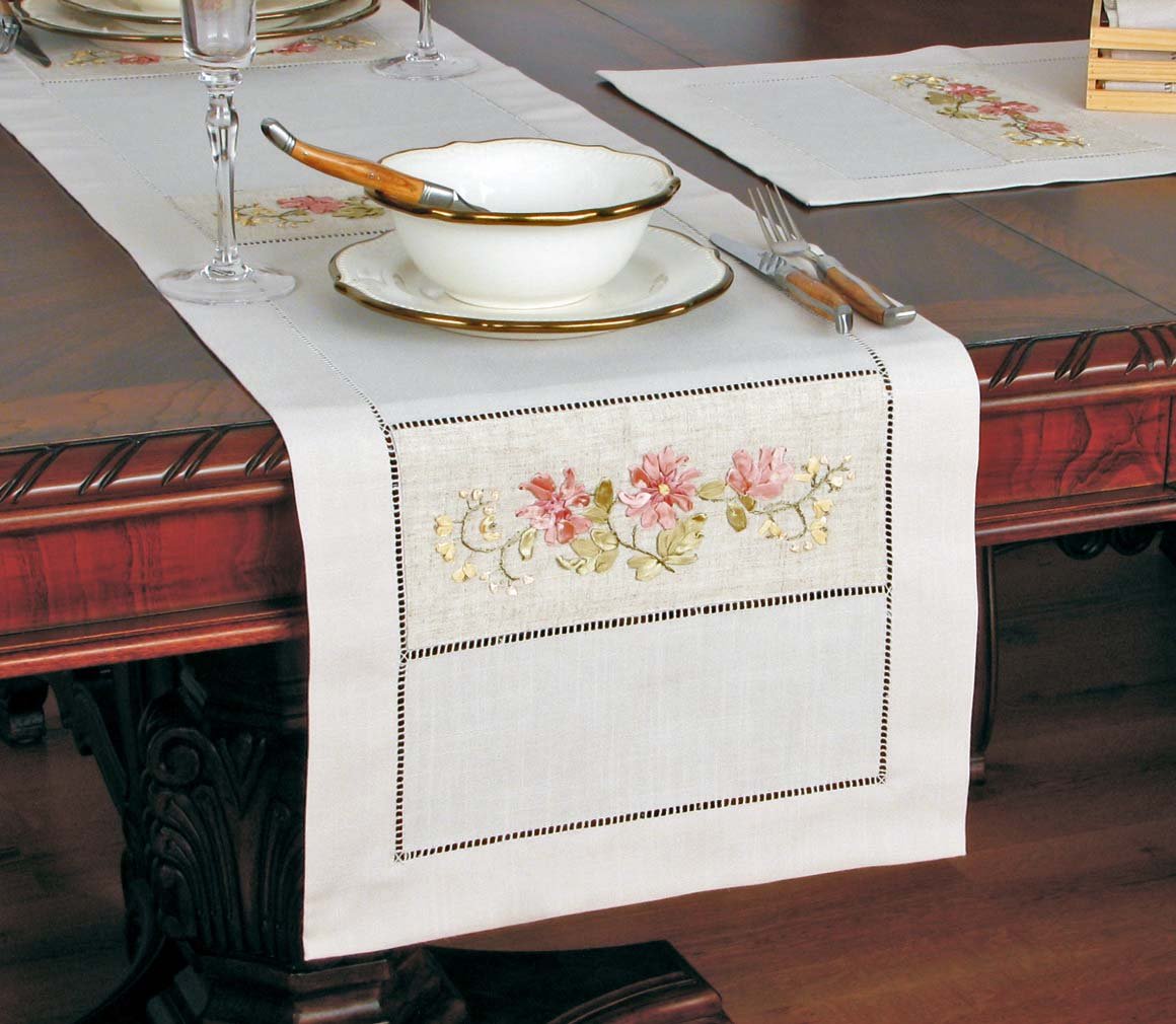 Xia Home Fashions Ribbon Flower Linen Table Runner Embroidered Cutwork