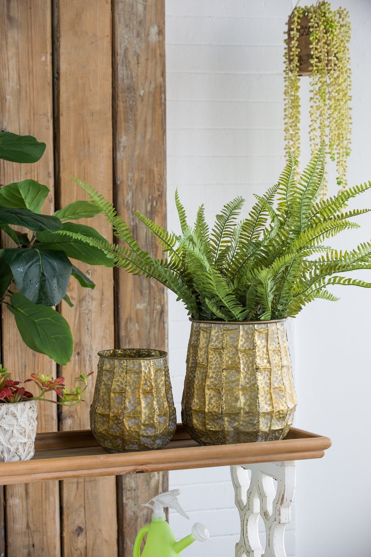 Set of 3 Distressed Antique Yellow Metal Planters, 14 in Tall