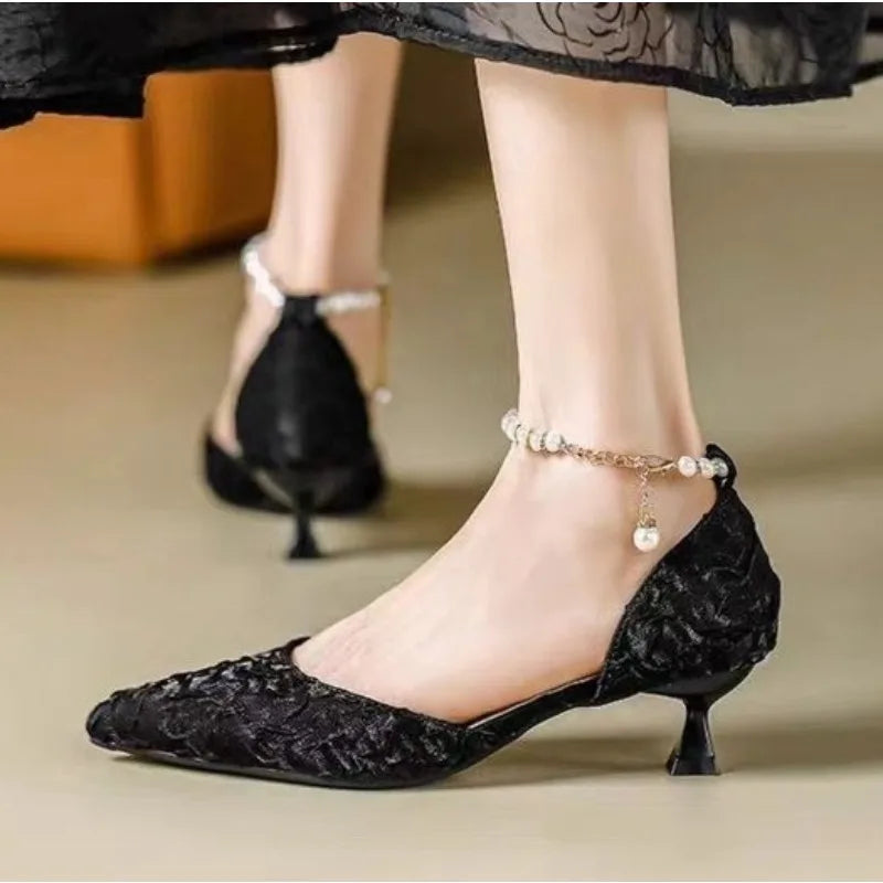 Women High Heel Pumps Size 34-42 Pearls Strap High Heels Lace Women White Wedding Shoes Stiletto Heel Point Toe Bride Bridesmaid