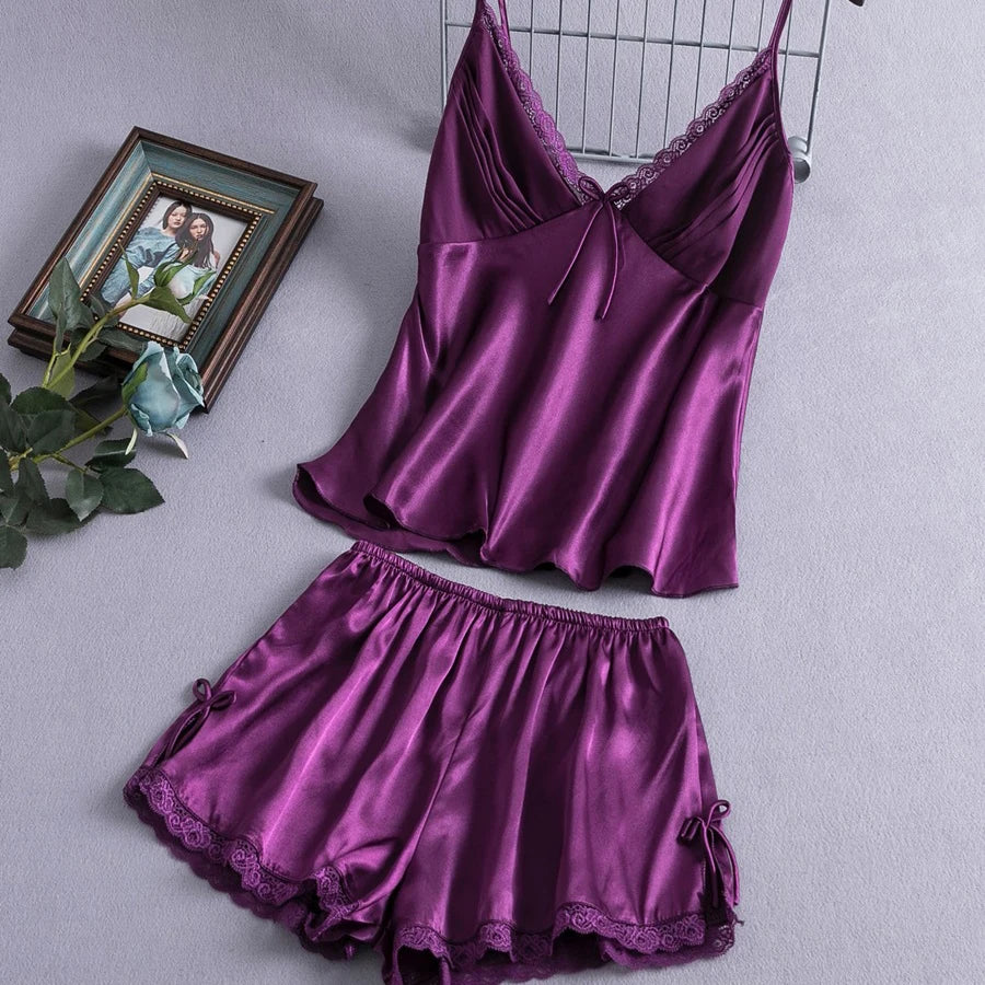 Elegant Champagne Strap Top&shorts Women Sexy Lace Trim Pajamas Suit Satin Nightwear Big Size 3Xl Home Clothes 2Pcs Lingerie