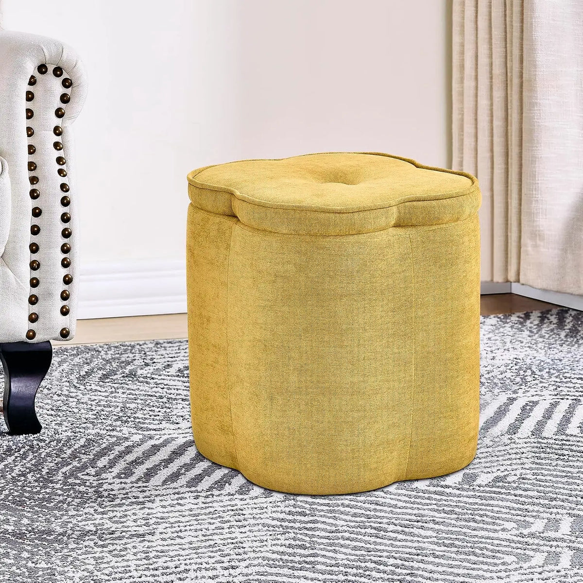 18"Flower Foot Rest Ottoman with Storage,Chenille Fabric Pouf Ottoman for Home Decor,Vanity Stool, Extra Seating for Living Room