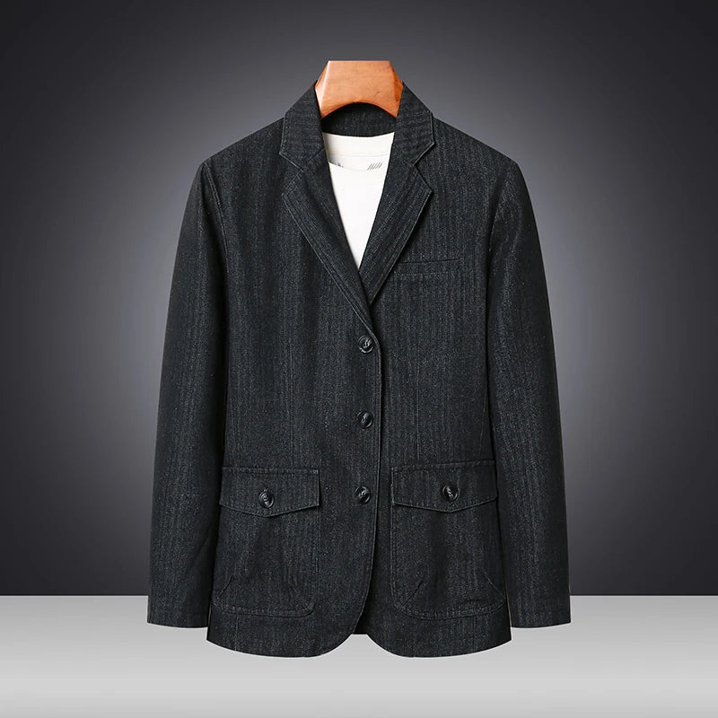 2025 Men Solid Denim Jackets Fashion Blazer Middle-aged Loose Men Vintage Jeans Jackets Hommes Slim Fit Cotton Casual Black Blue
