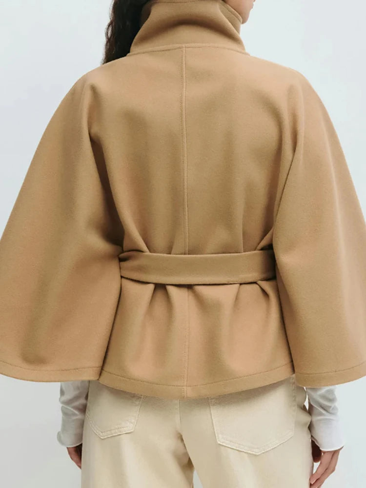 Stand Collar Sashes Patchwork Jackets, Women Autumn Winter Batwing Sleeve Chic Coats, 2025 Loose Holiday Solid Cloak Streetwear