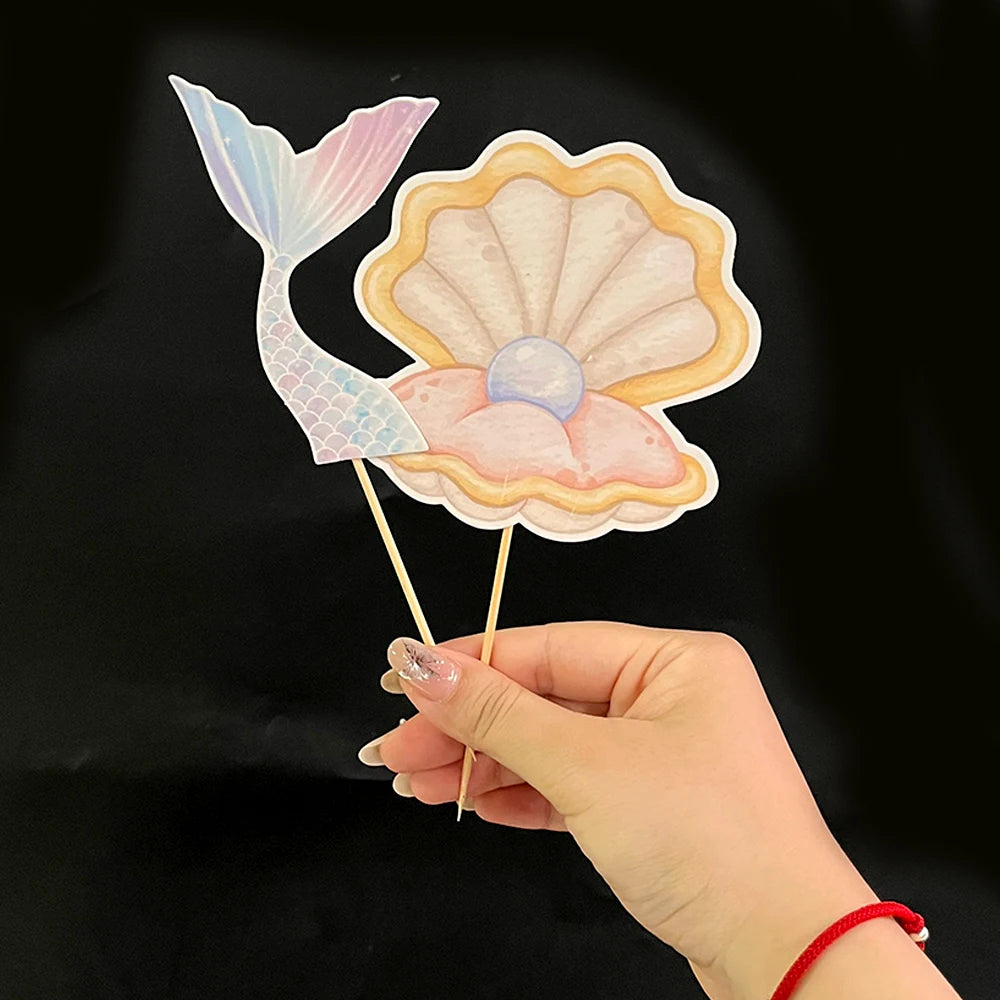 Ocean Cake Decorations Under the Sea Mermaid Cake Toppers Shell Coral Paper Cupcake Topper DIY Birthday Marine Party Cake Suppli