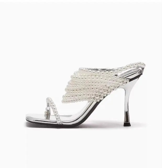Golden Heels Pearl Chain Heeled Sandals Women Luxury Designer Shoes Summer Thin High Heel Pull On Slip On Shoe Mule Sandals New