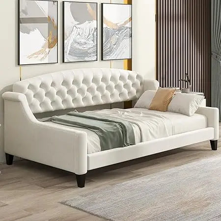 LZ LEISURE ZONE Twin Daybed, Twin Size Luxury Tufted Button Daybed, Upholstered Twin Daybed Frame, Sofa Bed for Bedroom Living R