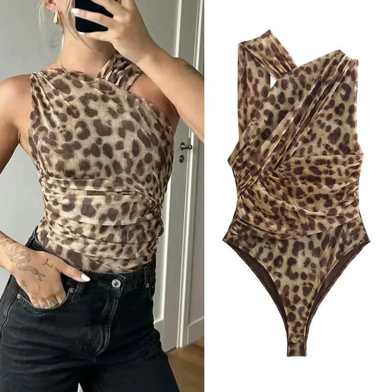 MUJER 2025 Woman Body Leopard Print Mesh Sleeveless Bodysuit Women Summer Tulle Off Shoulder Tight Bodysuit Lingerie Sexy Body