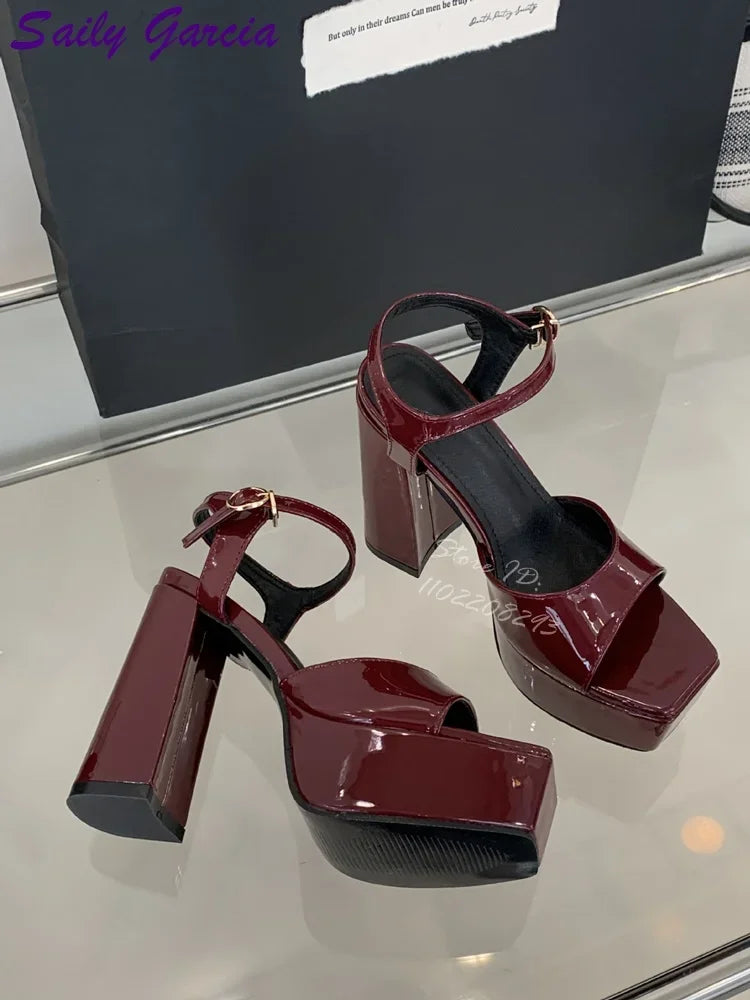 Burgundy Chunky Heel Sandals Square Toe Platform Buckle Strap Catwalk Shoes Patent Fashion Super High Heels 2025 Lady Summer New