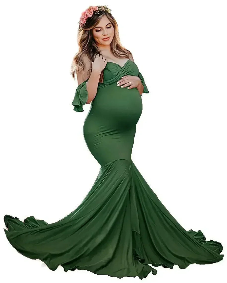 Mermaid Maternity Cotton Dresses Photo Shoot Pregnant Women Sexy Shoulderless Pregnancy Baby Shower Photography Props Clothes