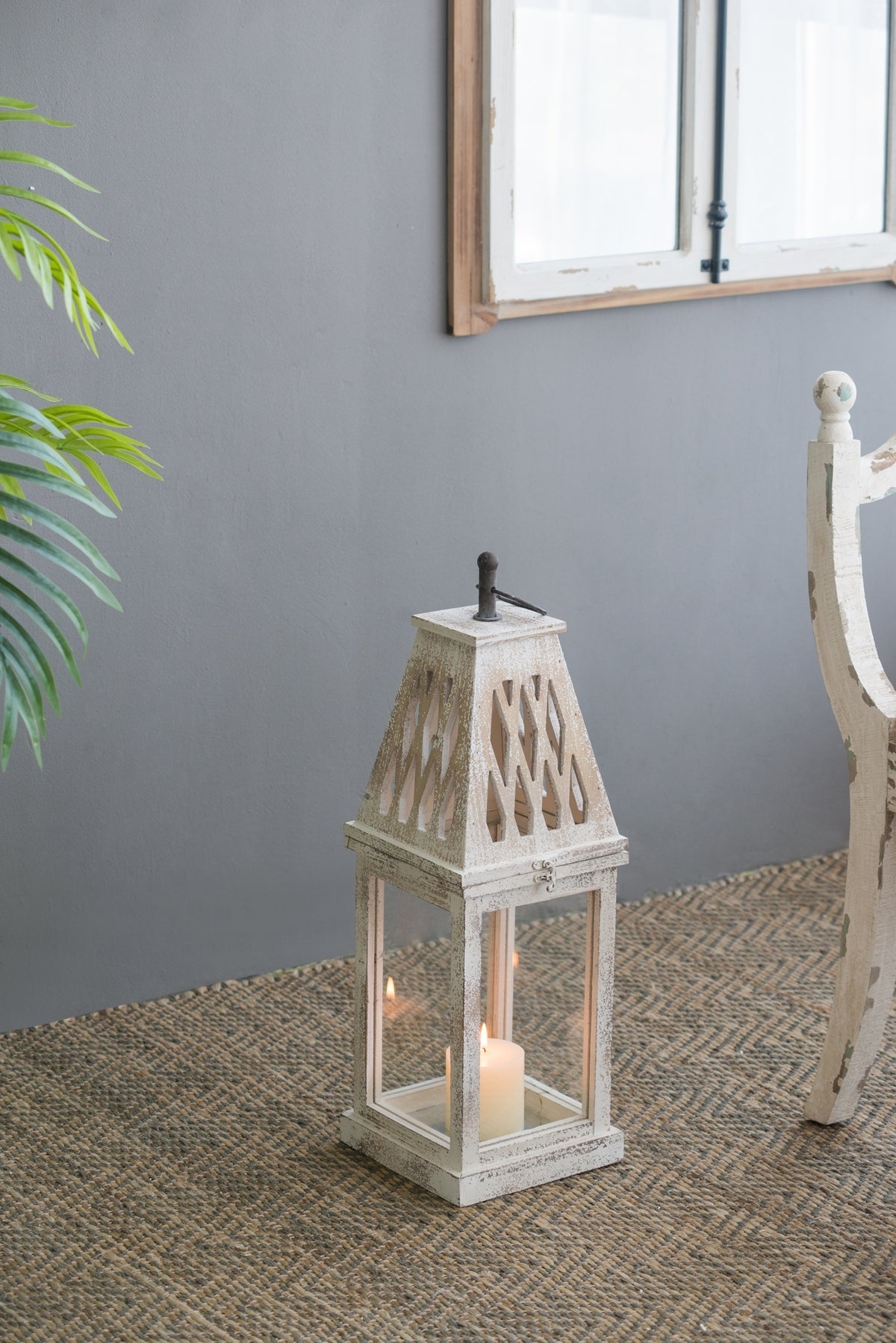 Set of 2 Rustic White French Country Wood & Glass Lanterns