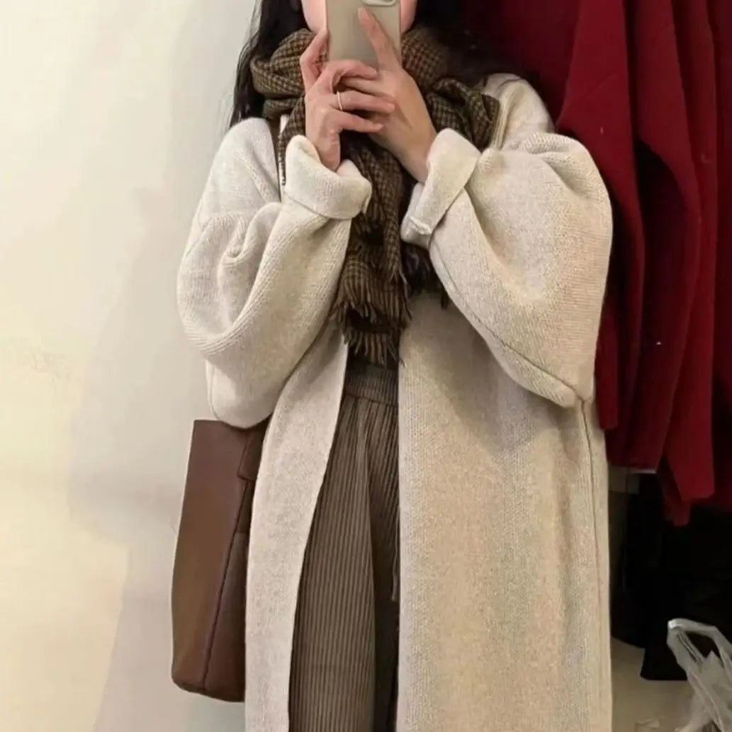 Women Knitted Cardigan Coats Casual Sweater Solid Extra Long Full Sleeves Open Stitch Loose Fit Elegant Office Lady 2025 Autumn