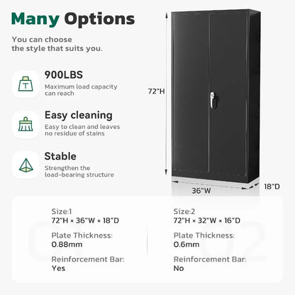 Office, home, garage, school storage cabinet; metal; black; 72 H x 36 W x 18 D with 2 doors and 4 adjustable shelves