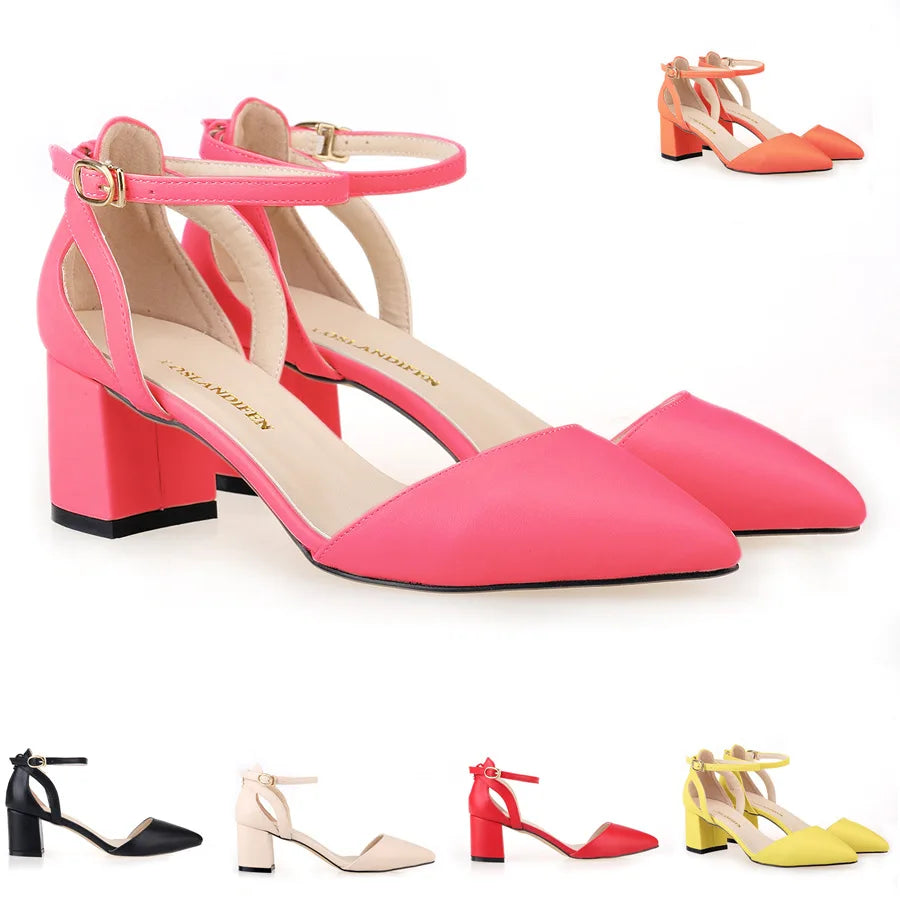 Comfort Thick Heel 6cm Women Sandals Soft Leather Pointed Toe Ladies Work Shoes Summer High Heels Hollow Party Dress Pumps Woman