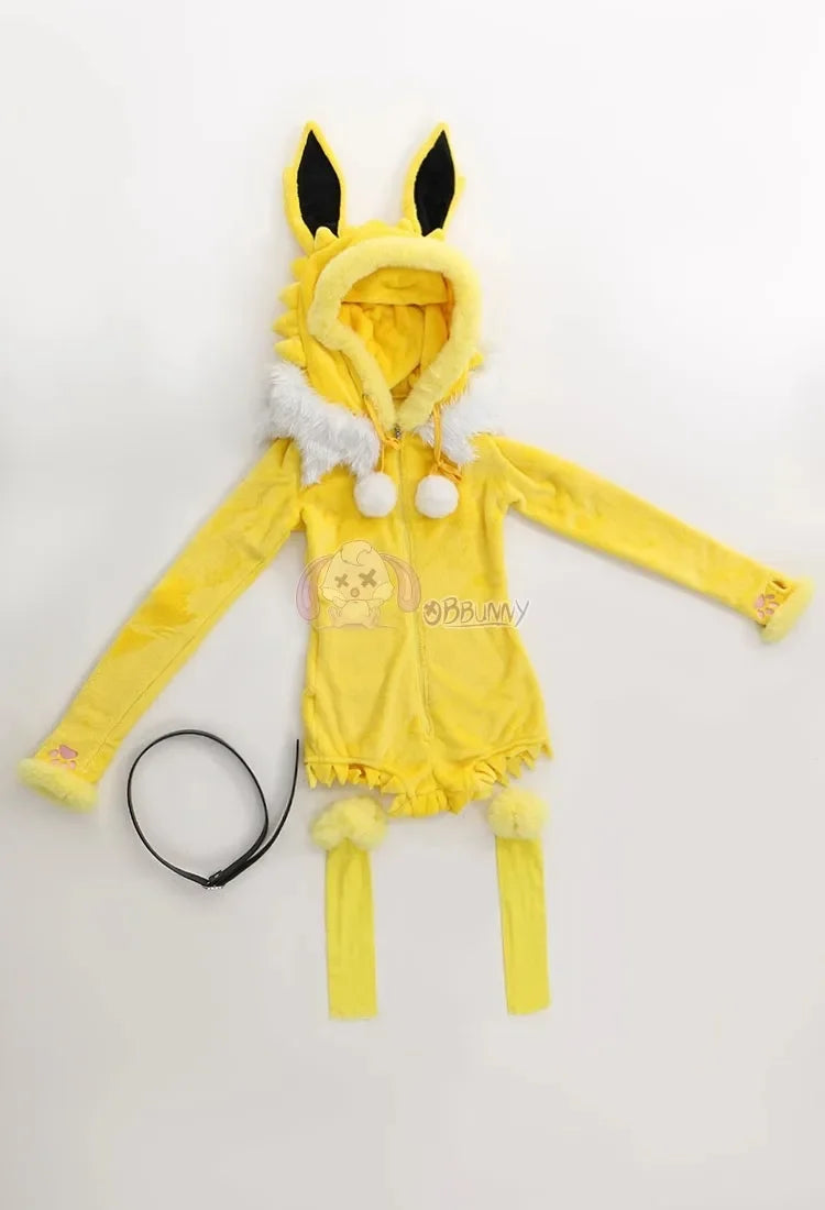 Anime Jolteon Cosplay Costume For Women Sexy Deep V Hooded Bodysuit Socks Suit Bunny Girl Lolita Cartoon Plush Pajamas Christmas