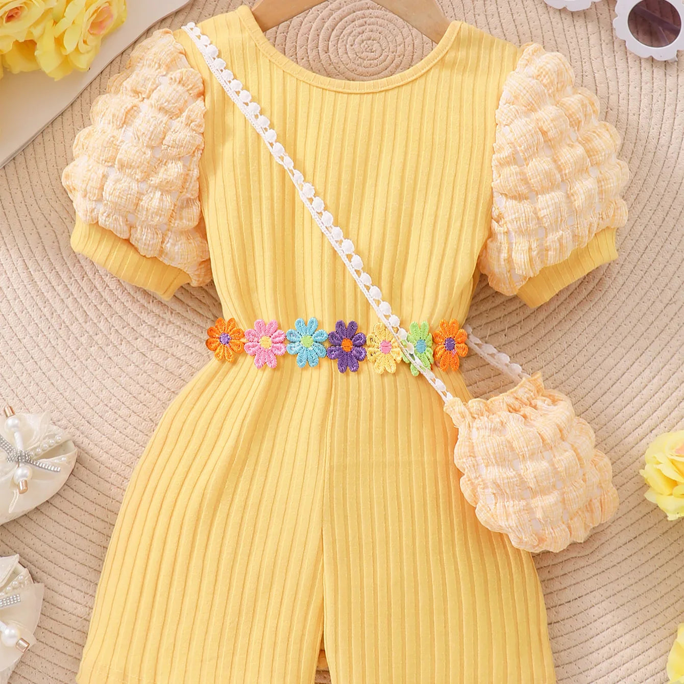 【Free Bag】 KIds Girl Jumpsuit Baby Girl Set Summer Short Sleeve Shorts Leisure Beach Children Clothes Floral Belt Outfit 2-7 Yrs