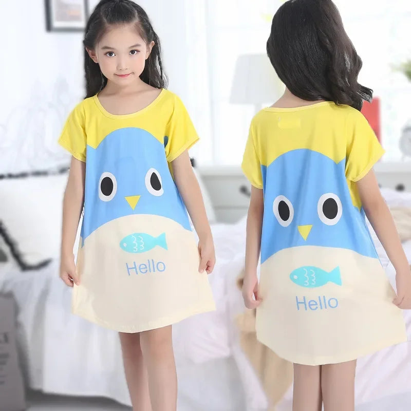3-10Yrs Girls Dress Summer Kids Girls Cartoon Pajamas Teenager Night Dresses Baby Nightdress Children Clothes