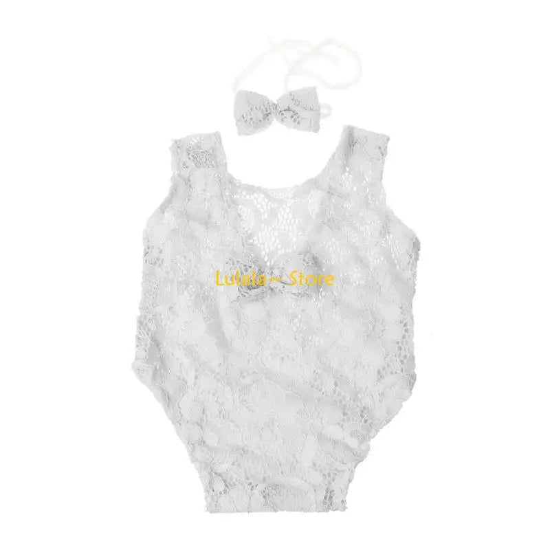 Y4QA Infant Clothes Newborn Photography Props Baby Romper Jumpsuit Headband Set with Lace Floral Photo Outfits