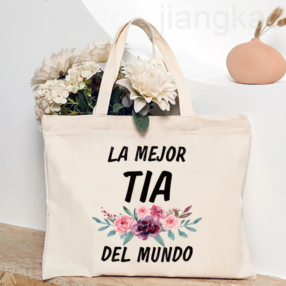 Best Aunt in The World Spanish Printed Tote Bag Women Shopping Bags Canvas Shoulder Bag Birthday Holiday Christmas Gift for Tia