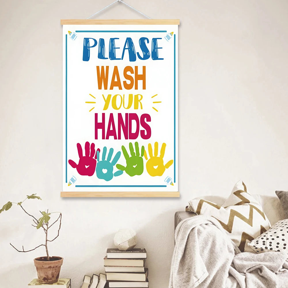 Solid Wood Hanging Scrolls Colorful Bathroom Quote Wall Art Prints - Brush Your Teeth, Flush The Toilet, Wash Your Hands Cardsto