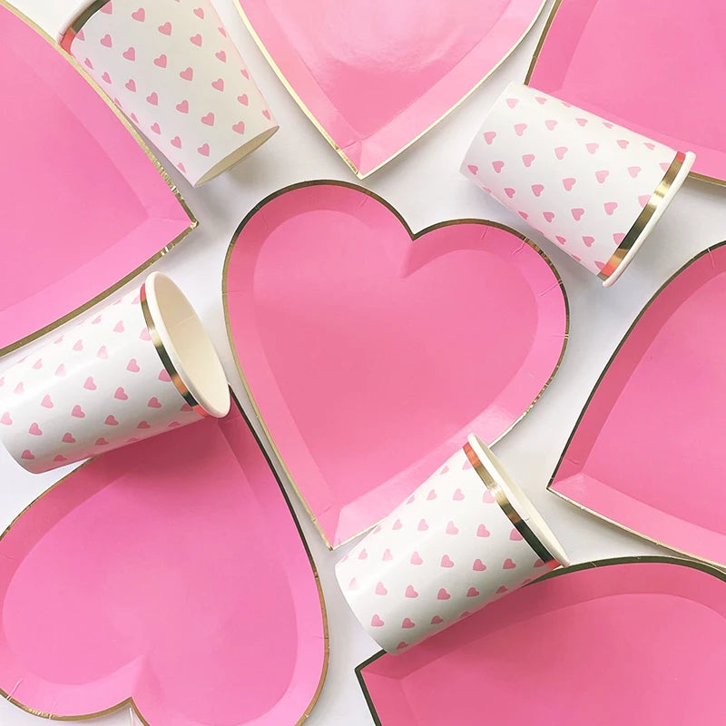 40pcs Rose Heart Shape Disposable Tableware Rose Heart Plate Cup Napkin For Wedding Valentine's Day Party Decoration Supplies