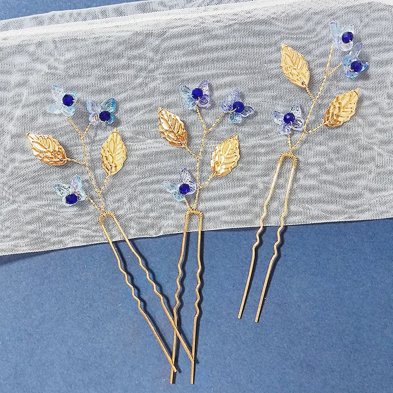 3PCS Women Blue Color Flower Hairpin Stick Wedding Bridal Crystal Pearl Hairpin U Shaped Hair Clip Barrettes Hair Accessories