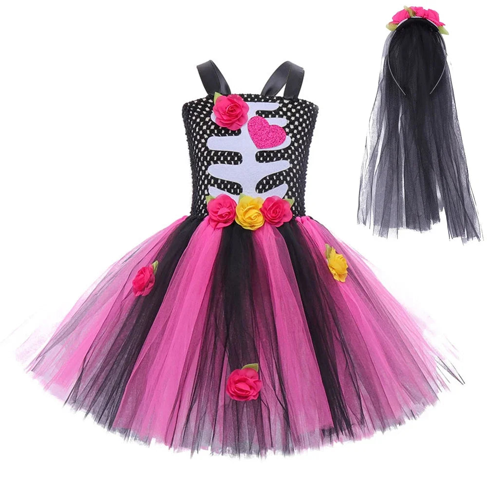 Children's Halloween Zombie Bride Horror Skeleton Vampire Puff Dress Flower Tutu Dress Stage Role Playing  Sleeveless Dress