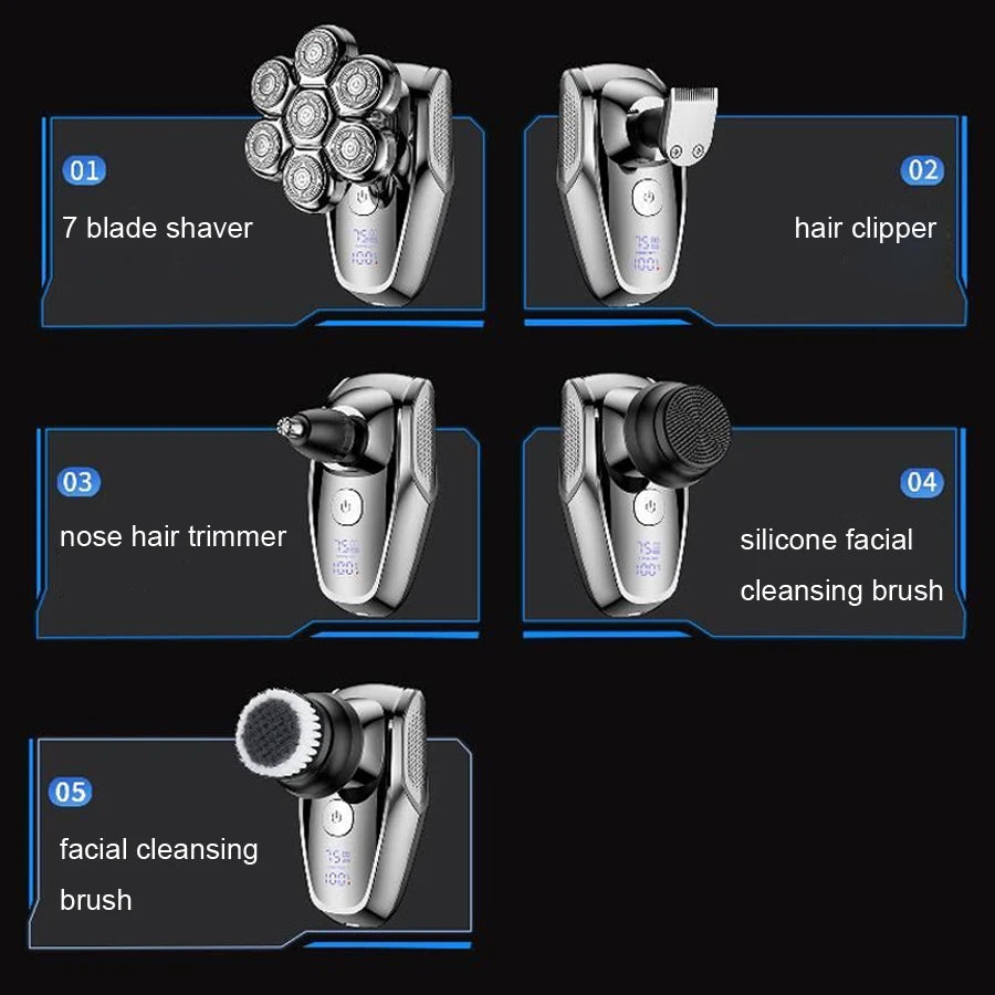Electric Head Shaver Razor For Bald Man 5 In 1 Rechargeable Hair Shaving Razors Waterproof Wet Dry Beard Trimmer