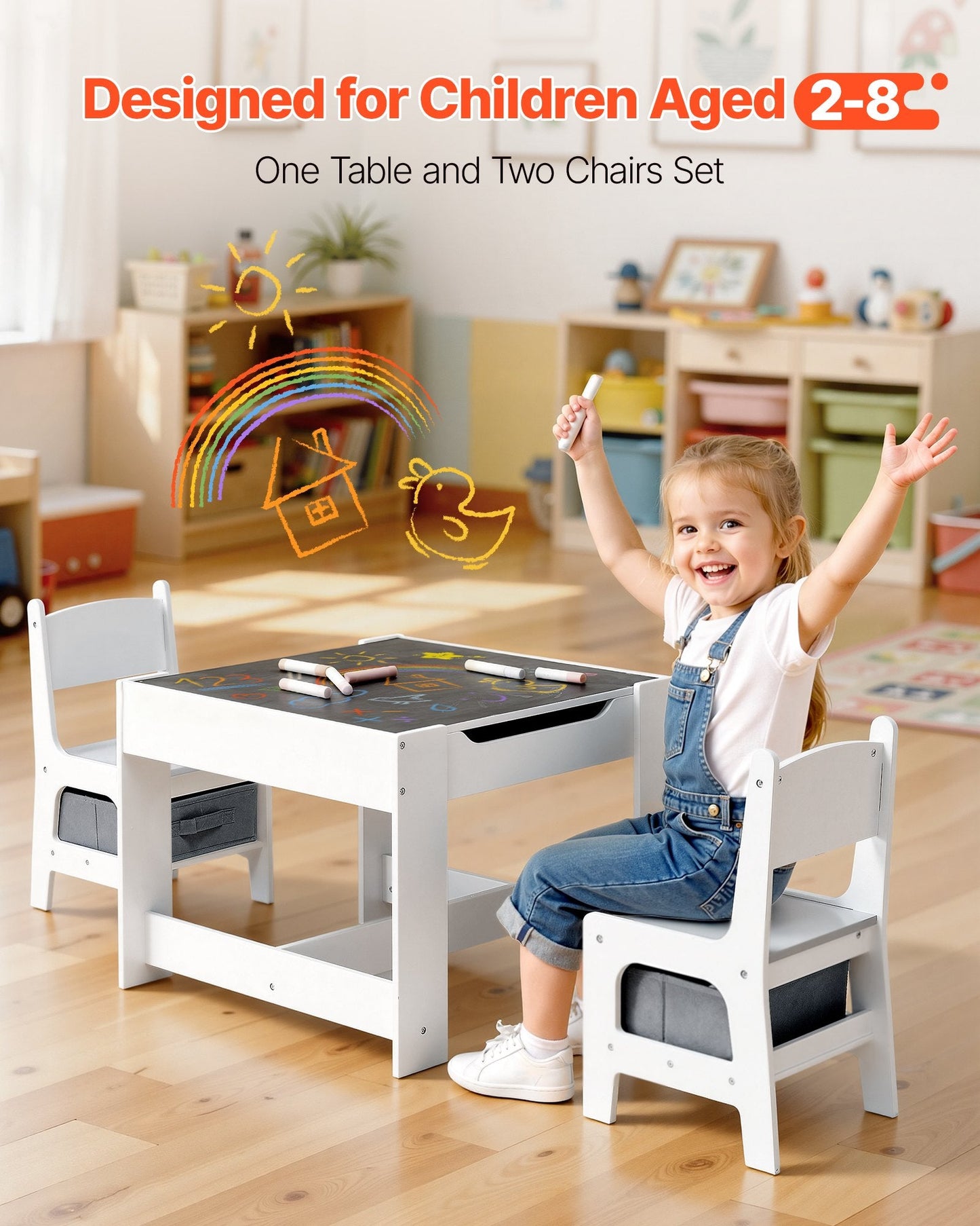 Kids Table And 2 Chairs Set, Toddler Table And Chair Set With Storage