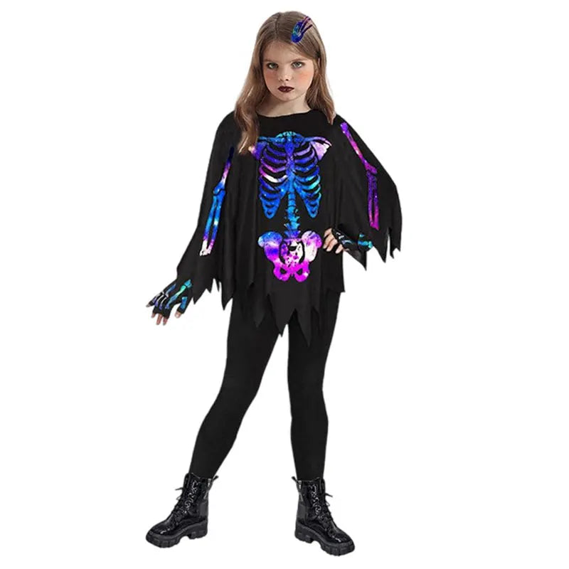 Parent-child Skeleton Costume Cloak Cape Poncho for Child Adult Unisex Scary Halloween Costumes Fancy Dress Outfit Fluorescence