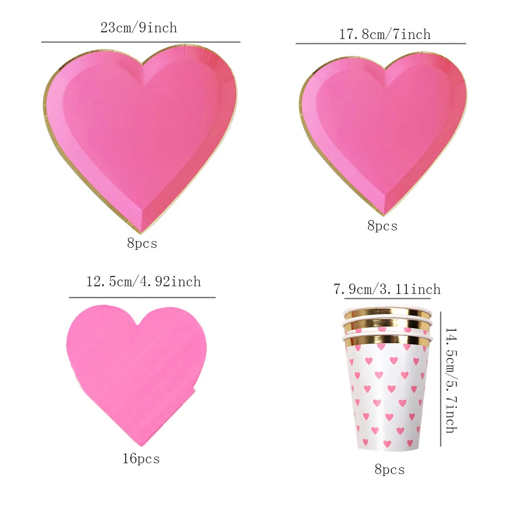 40pcs Rose Heart Shape Disposable Tableware Rose Heart Plate Cup Napkin For Wedding Valentine's Day Party Decoration Supplies