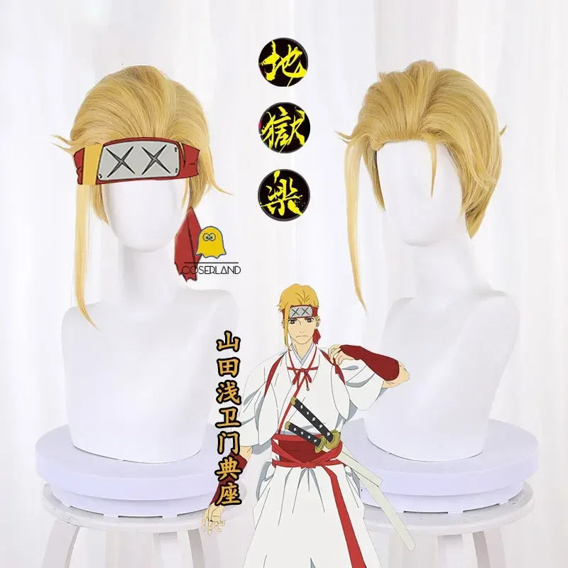 Anime Hell's Paradise Jigokuraku Yamada Asaemon Tenza Cosplay Wig Ten-chan Blonde Short Hair Red Headband Role Play Free Wig Cap