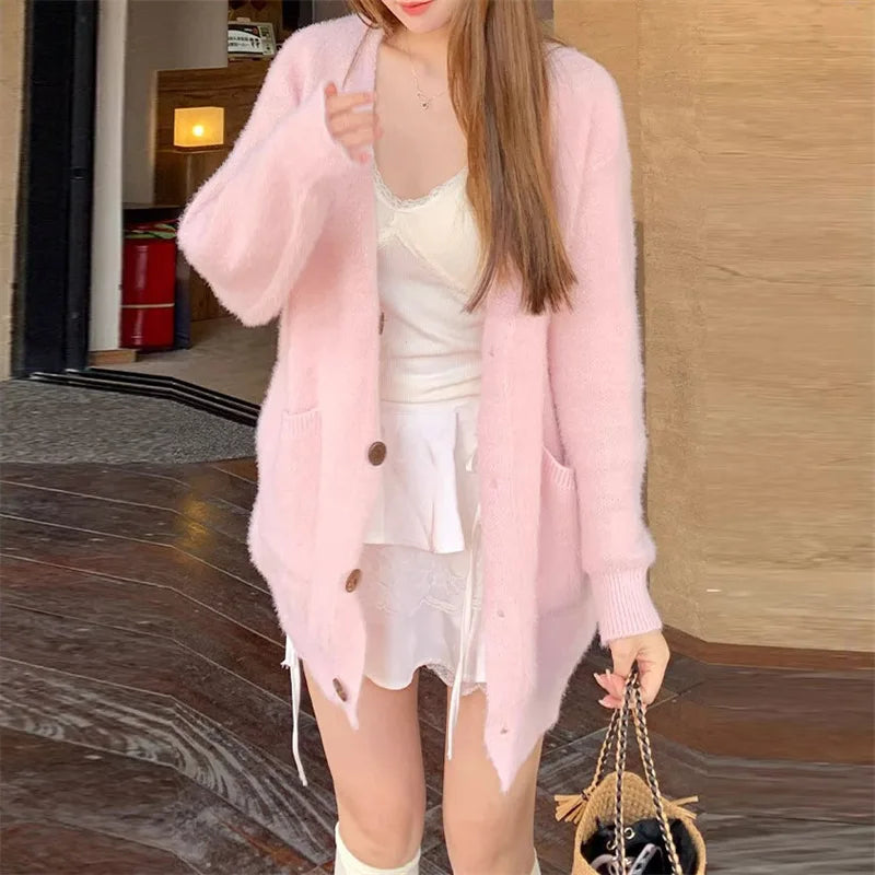 Cardigan Knit Sweater Women Single Breseted V Neck Coat Solid Long Sleeve Splice Jumpers Elegant Coat Loose Autumn Winter