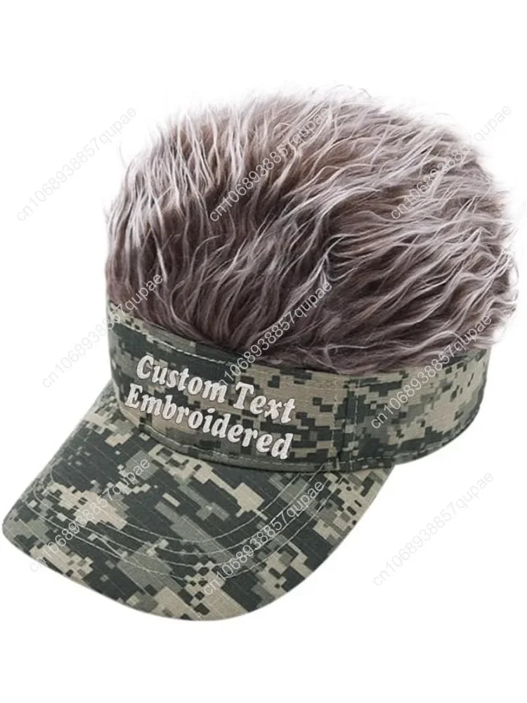 Custom Text Personalized Embroidered Novelty Hair Visor Cap Wig Peaked Adjustable Baseball Hat with Spiked Hair