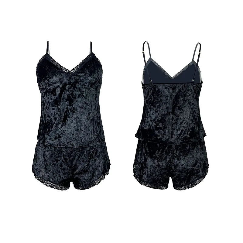 Women Gold Velvet Pajama Suit Fashion V-Neck Lace Velour Sexy Lingerie Pyjamas Sleep Sling Shorts Set Sleepwear