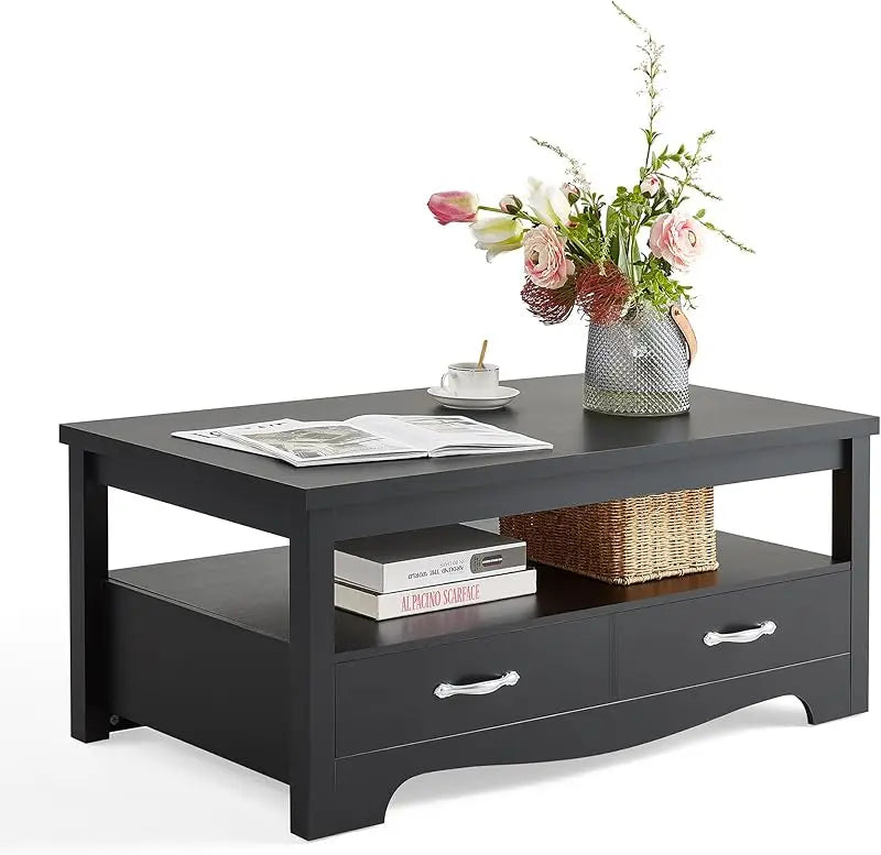 Farmhouse , Wood Coffee Table for Living Room, Open Display Area and Storage Drawers with Me