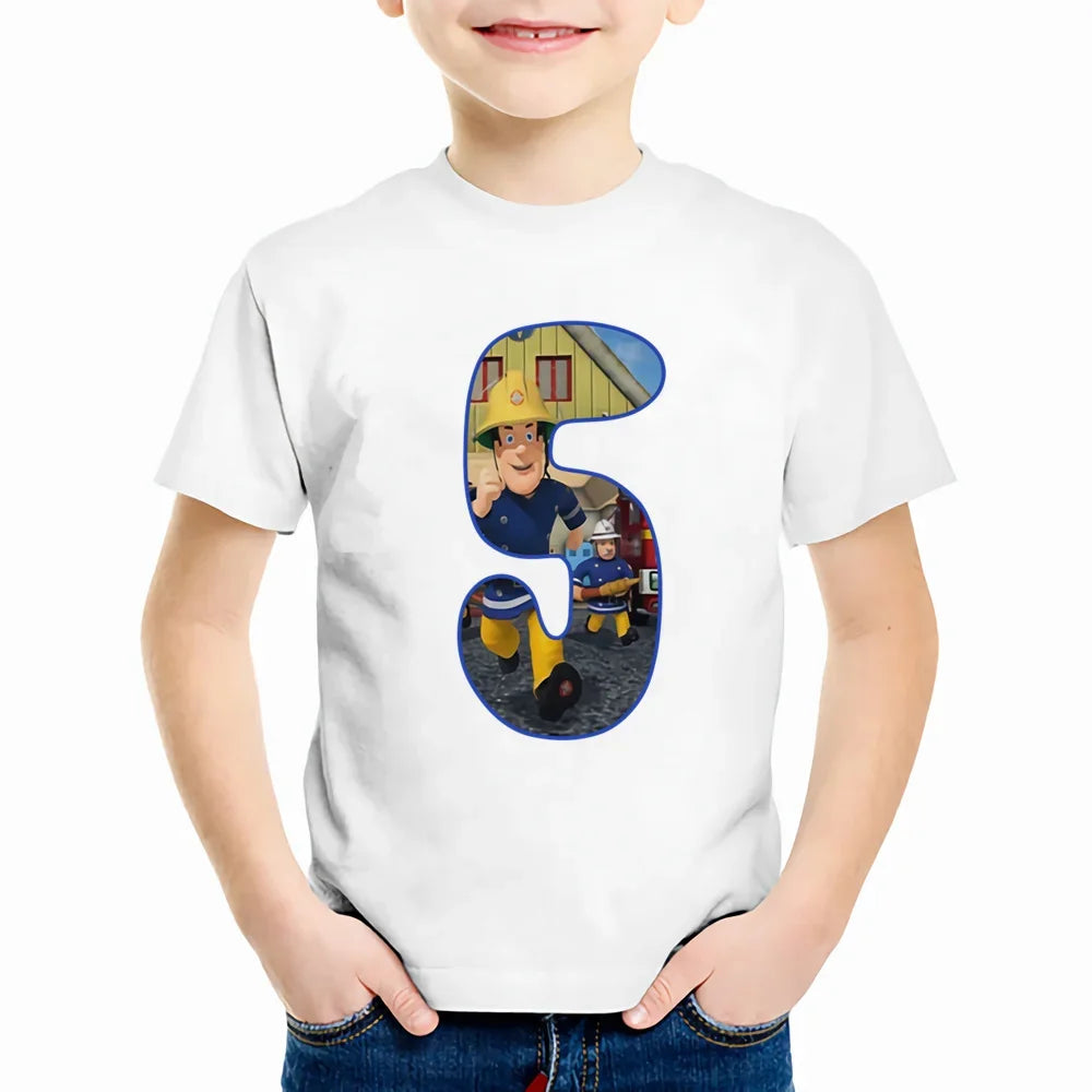 Baby Kids Cartoon Birthday Number 1-9 Print T Shirt Fireman Sam Children T-shirts Boys Girls Funny Gift Summer Clothes,YKP022