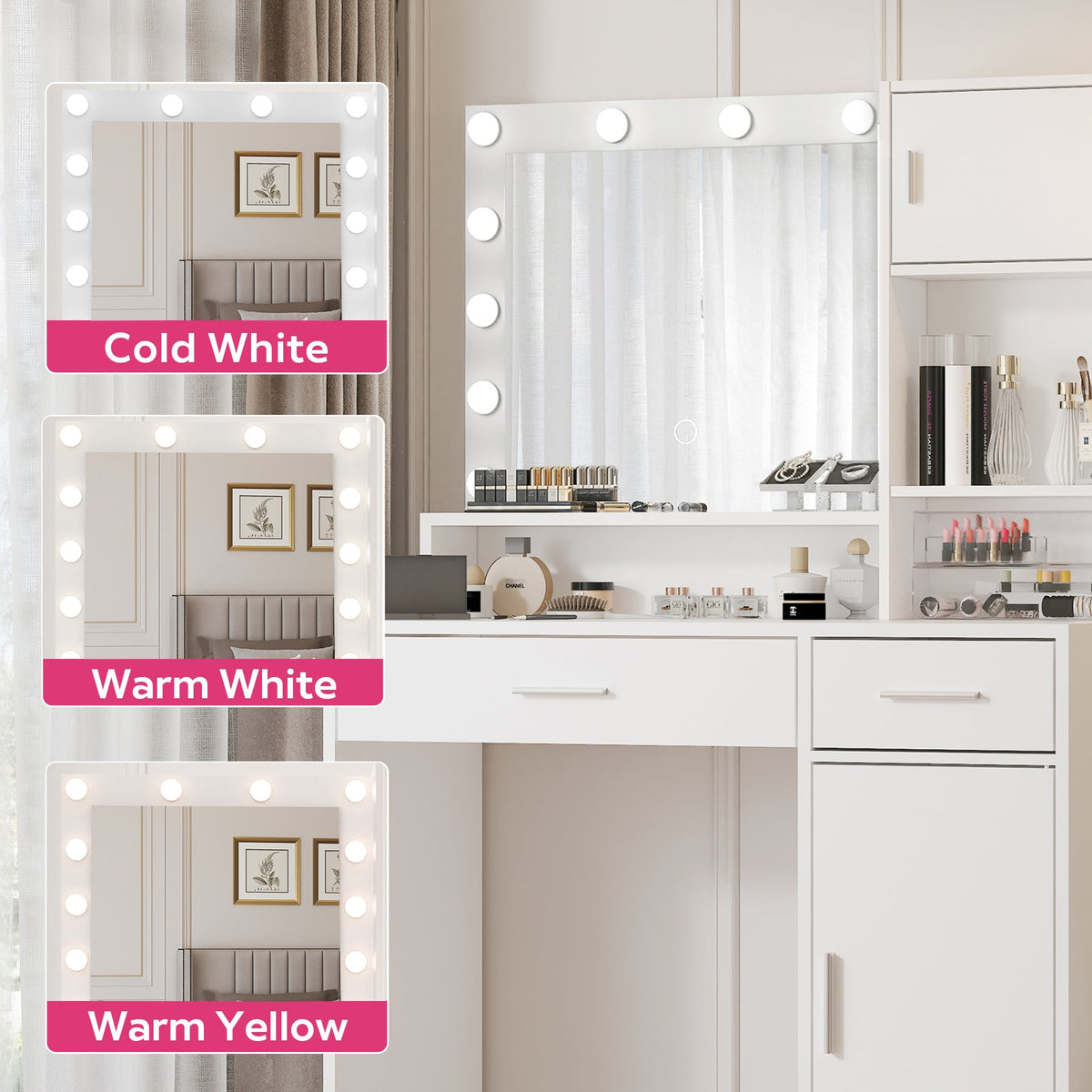 White Vanity Dressing Table with Lighted Mirror, Large Drawer and