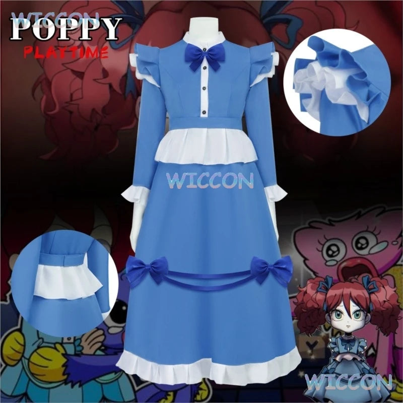 The Poppy Cosplay Costume Dress Red Hair Game Poppy Cos Playtime Girl Women Girls Blue Maid Dress Lolita Halloween Party Dress