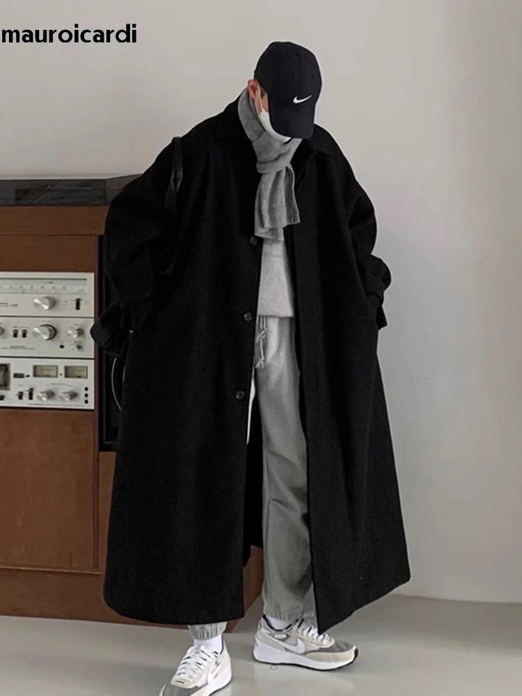 Mauroicardi Autumn Winter Long Warm Grey Black Slouchy Woolen Coat Men Single Breasted Loose Casual Wool Blends Overcoat 2023