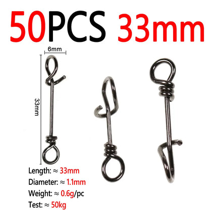 Bimoo 50pcs Stainless Steel Quick Lock Snap Spring Clamp Buckle Streamer Lure Drop Rigs Connector  Saltwater Fishing Accessories